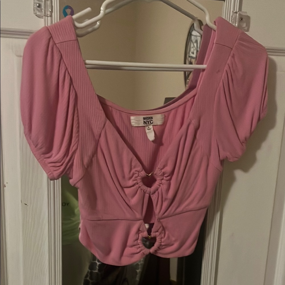 Pink Ruched Cut-Out Crop Blouse